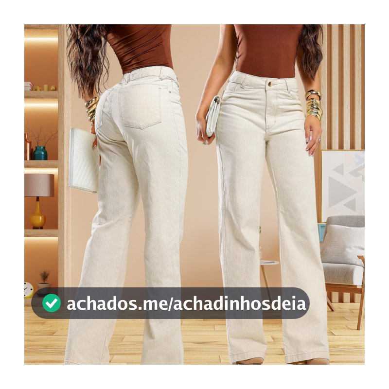 Calça Feminina Wide Leg Areia Delicada 100% algodão Cintura Alta Levanta Bumbum Perfeita