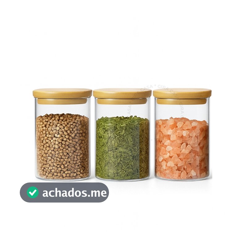 Kit 3 potes de vidro com tampa de bambu herméticos para mantimentos empilháveis 300ml