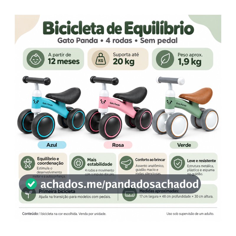 Bicicleta Infantil Menino e Menina Bicicletinha Equilíbrio Bebê 4 Rodas sem Pedal Gato Panda