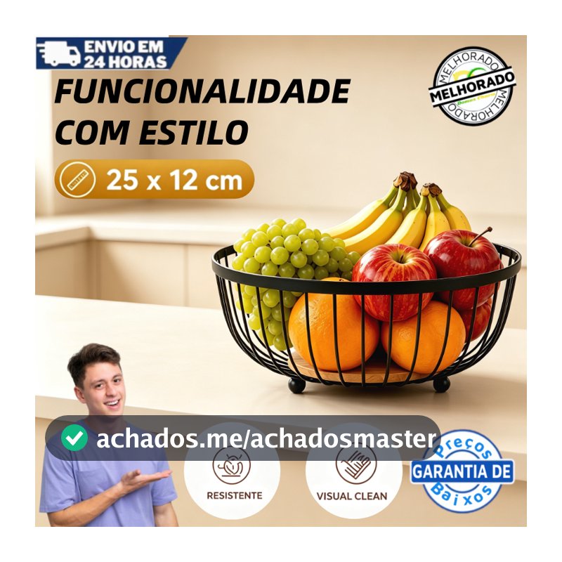 Fruteira de Mesa Rustica de Ferro e Bambu para Café da Manhã Multiuso de Metal Preto para Mesa