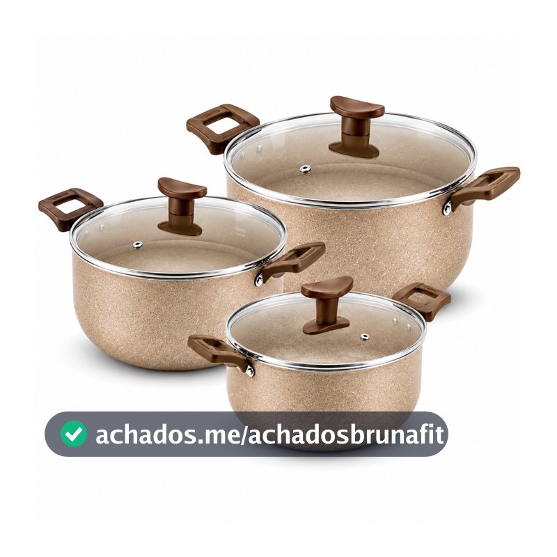Kit com 3 Caçarolas Antiaderentes  Varias Cores – Inclui Panela Grande  com Tampas de Vidro Temperado+brinde Talher