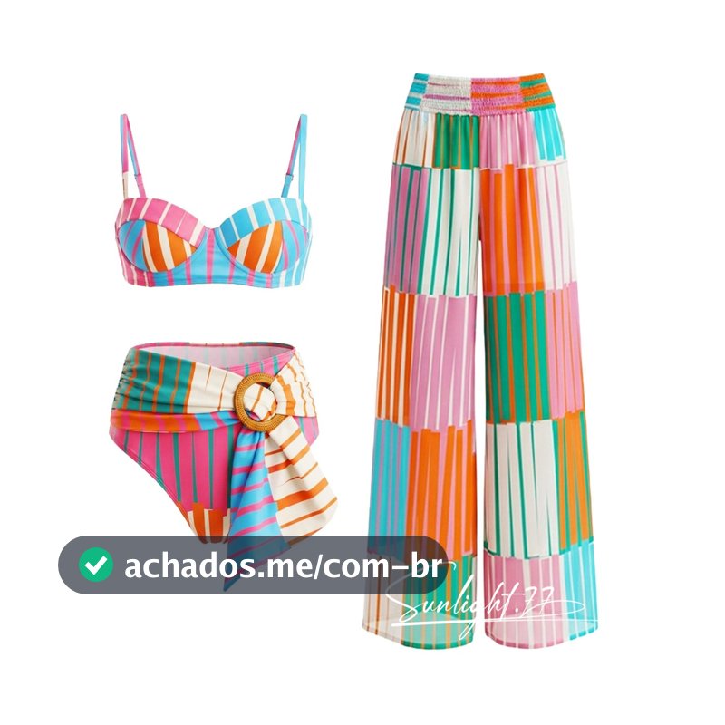 Conjunto Biquíni Estampado Listrado Colorido + Calça Praia Comprida Cintura Alta Moda Verão Feminino