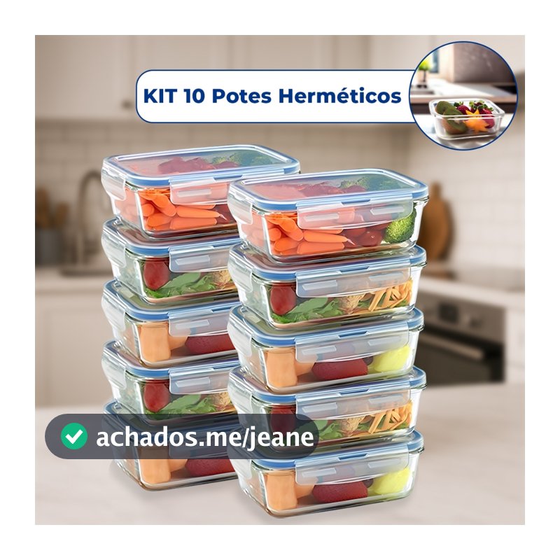 Kit Pote de Vidro Hermético Retangular 10 / 5 Unid Travas Marmita Fit Microondas Mantimentos
