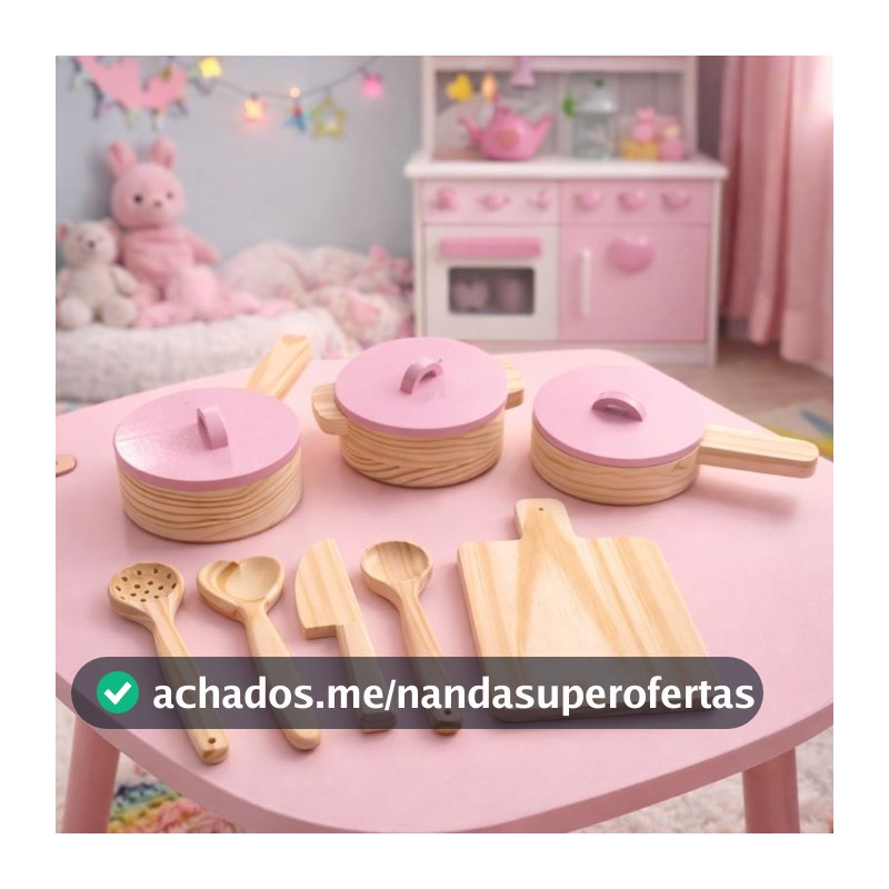 Kit Cozinha Infantil  Madeira  Completo Panelas Rosa Colheres e Tábua Brinquedo Educativo Montessori