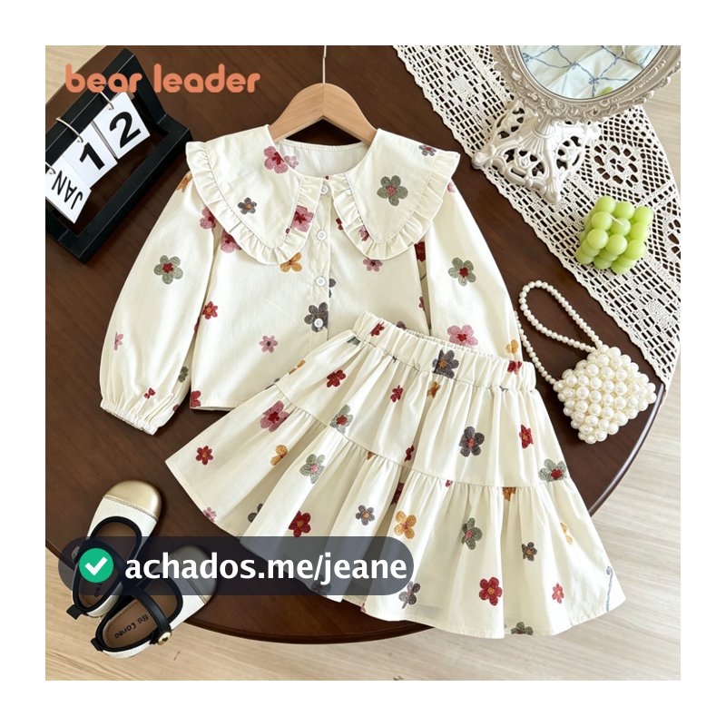Urso Líder Primavera E Outono Flor Impressão Meninas Roupas Versão Coreana Manga Longa Lapela Camisa Superior Saia Pliss