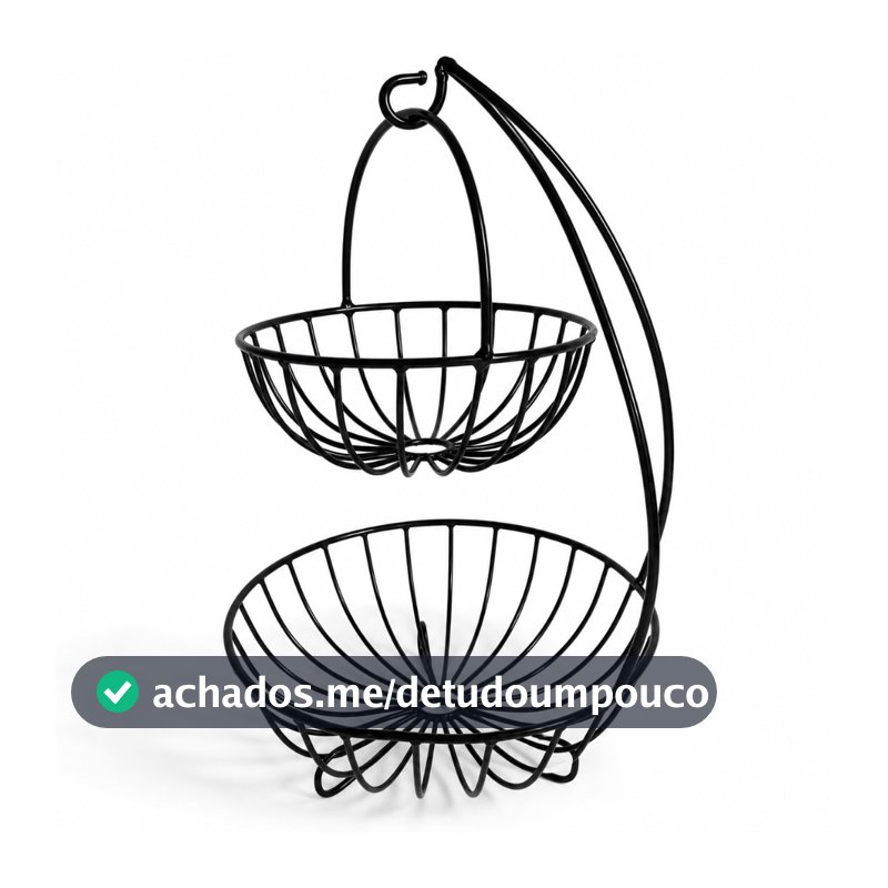 Fruteira de Pêndulo 2 Andares de Ferro Preta Resistente para Cozinha Mesa Balcão com Design Moderno
