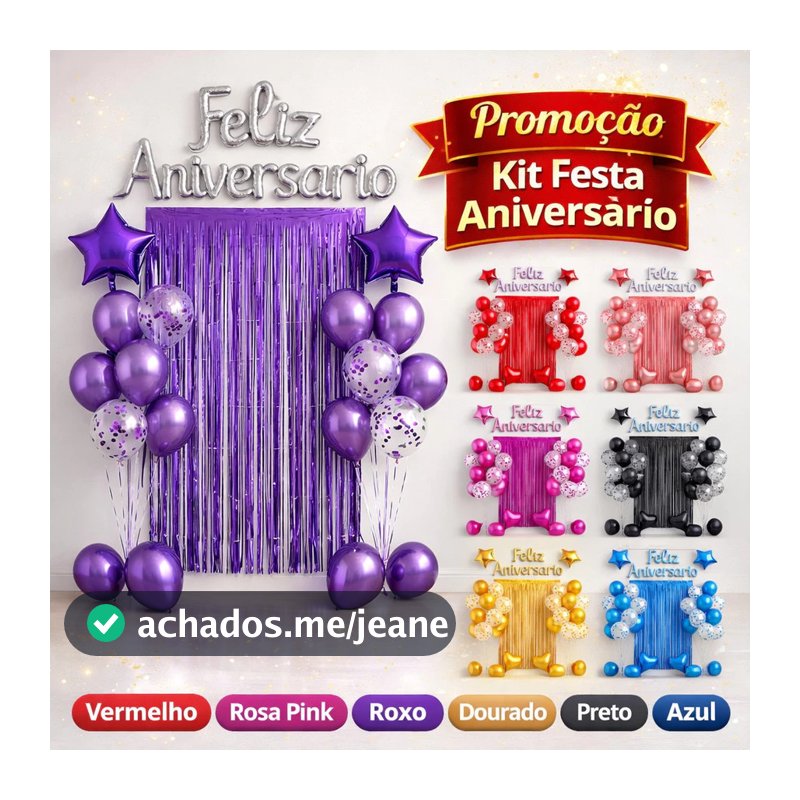 Kit Balões Metalizado Cortina Bexiga Feliz Aniversário Decoração de Festa Completa