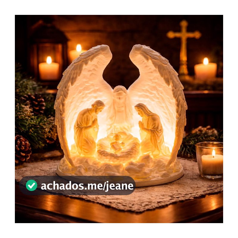 Presépio Iluminado Sagrada Família com Asas de Anjo – Luz de Fé para seu Lar - Brinde Vela LED