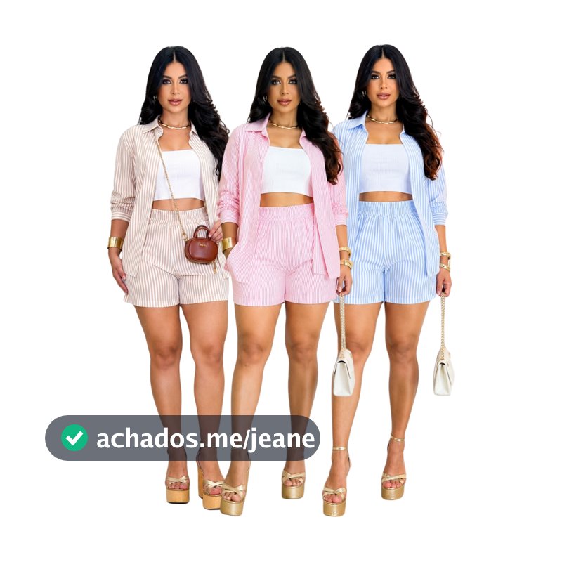 Conjunto Feminino Listrada 2 Peças Camisa Manga Longa e Short Tecido Crepinho Elegante Casual Moda Verão 2026