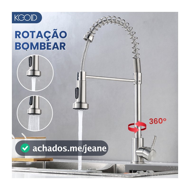Torneira Cozinha Gourmet Monocomando Com Spray Extensor 304 Inox (Bancada) KGOLD