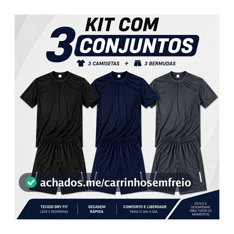 3 Conjuntos Fit Masculino Kit Camiseta + Bermuda Refletivo Conforto (6peças)