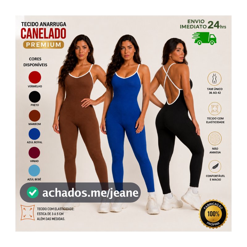 Macacão Feminino  Longo Academia Canelado Anarruga Costa X