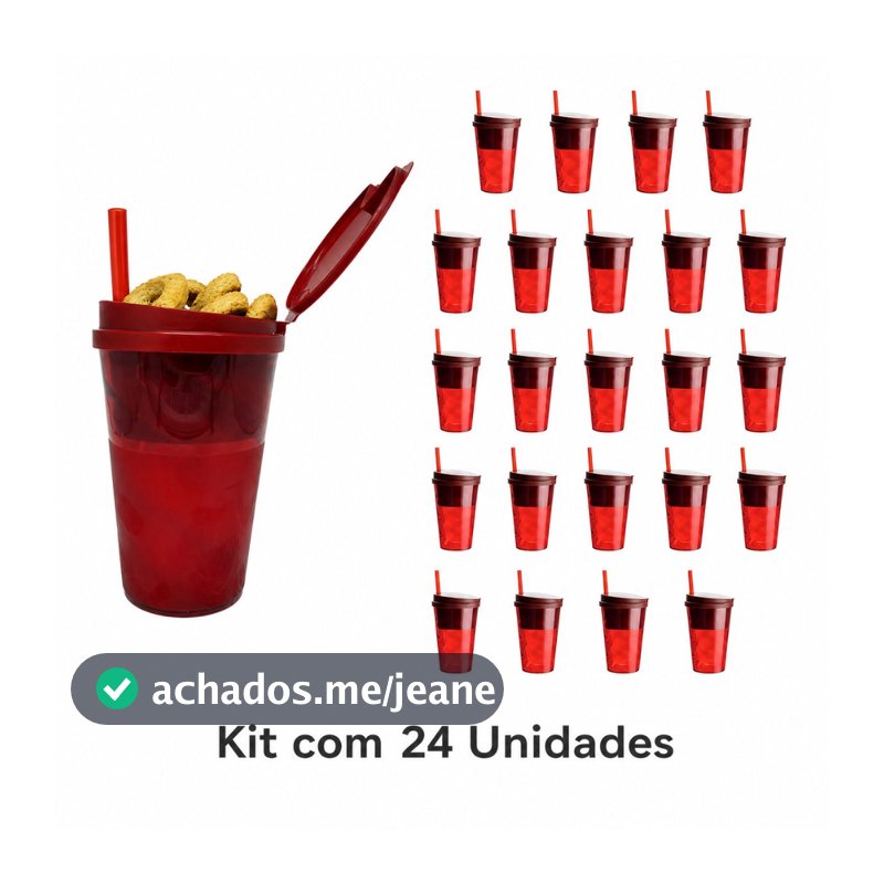 24 Copos Com Porta Lanche e Snacks Com Tampa e Canudo 2 Em 1 Copo Resistente Eventos e Lembrancinhas