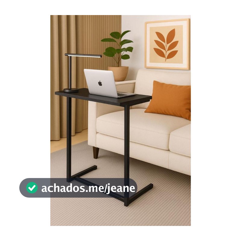 Mesa apoio e suporte lateral notebook cama sofa em aço tampo madeira Preta e Mel