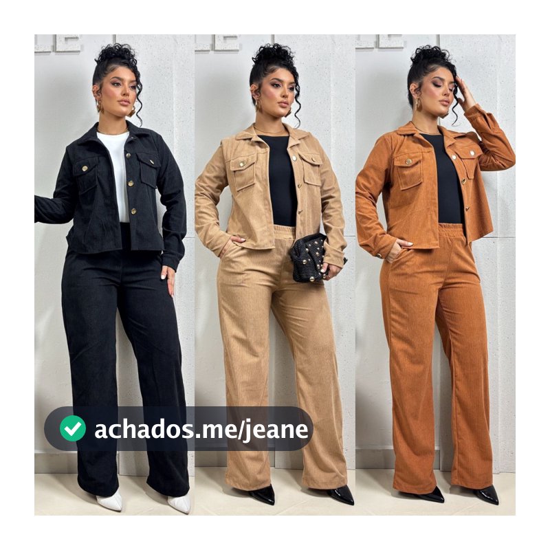 Conjunto Feminino PREMIUM INVERNO Veludo Cotelê Jaqueta Croped Calça Wide Leg Cintura Alta Tendencia