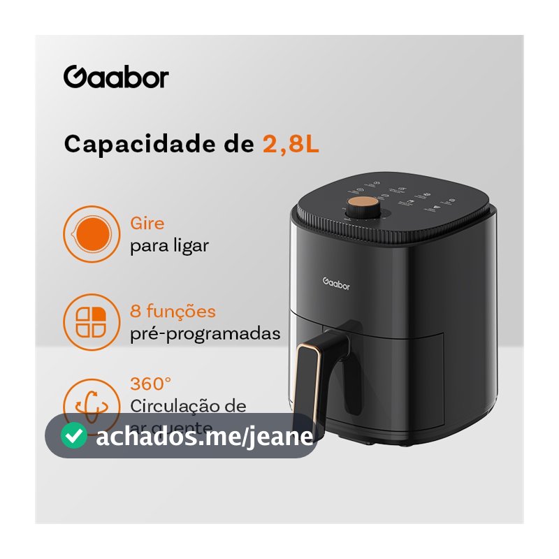 Gaabor Air Fryer 2,8L 800W 360° Ar Quente Timer 60 Min 200°C Antiaderente Sem BPA 8 Menus AF-35M02A