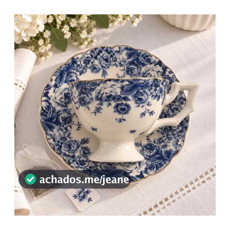 Xícara de Chá com Pires em Cerâmica floral azul 240ml Vintage Provençal mesa Posta