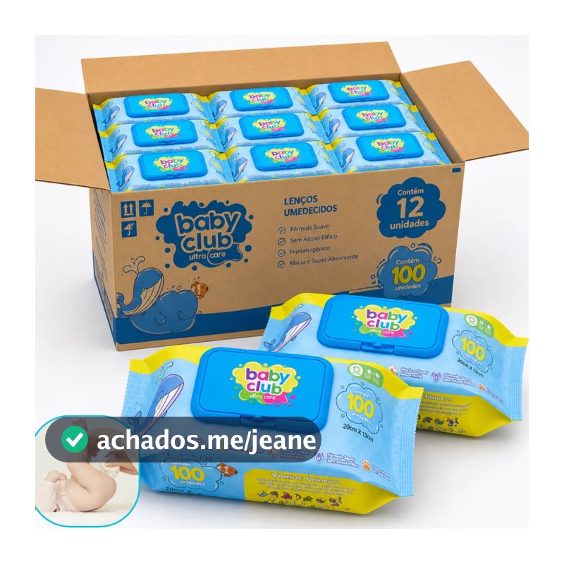 Kit 1200 Lenço Umedecido Baby Club Aloe Vera Caixa C/12 Pack