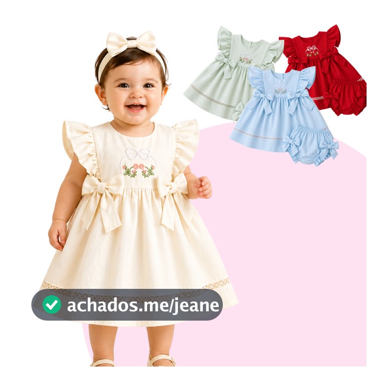 Vestido Infantil Bebê Bordado com Laços + Calcinha Conjunto Luxo Bebe Kit Vestido Calcinha Babys