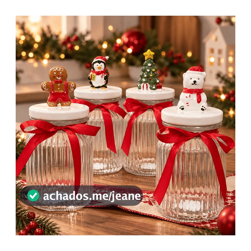 Potes de Vidro Natalinos 950mL Porta Biscoitos Doces Bomboniere Decoração de Natal com Tampa Decorada