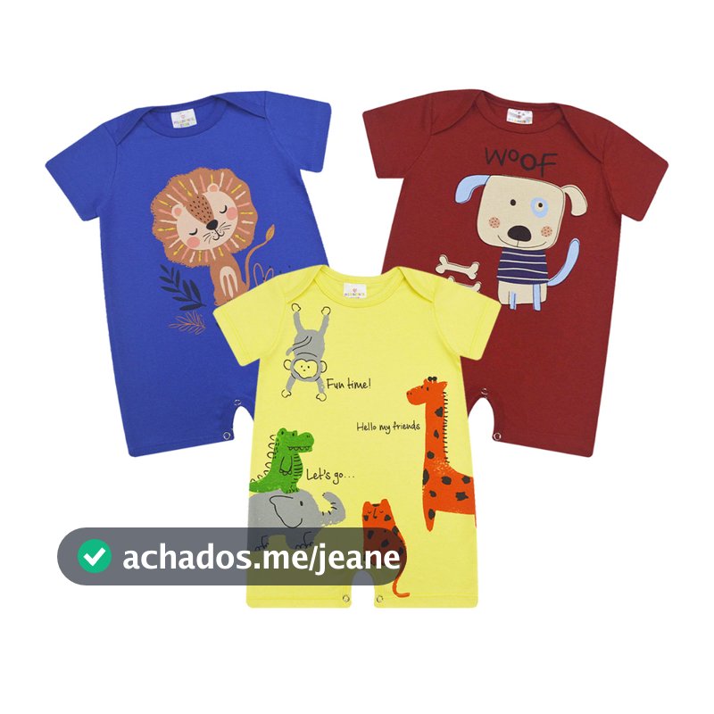 Kit 3 peças Macacão curto, Romper, macaquinho menino, banho de sol, P ao GG, Amarelo, Azul, Vermelho