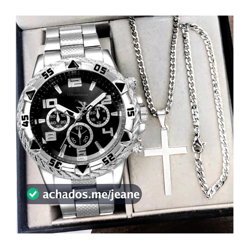 Kit Relógio Masculino Aço Inox Resistente a Água Com Corrente Cruz e Pulseira Presente Dia Dos Paisss