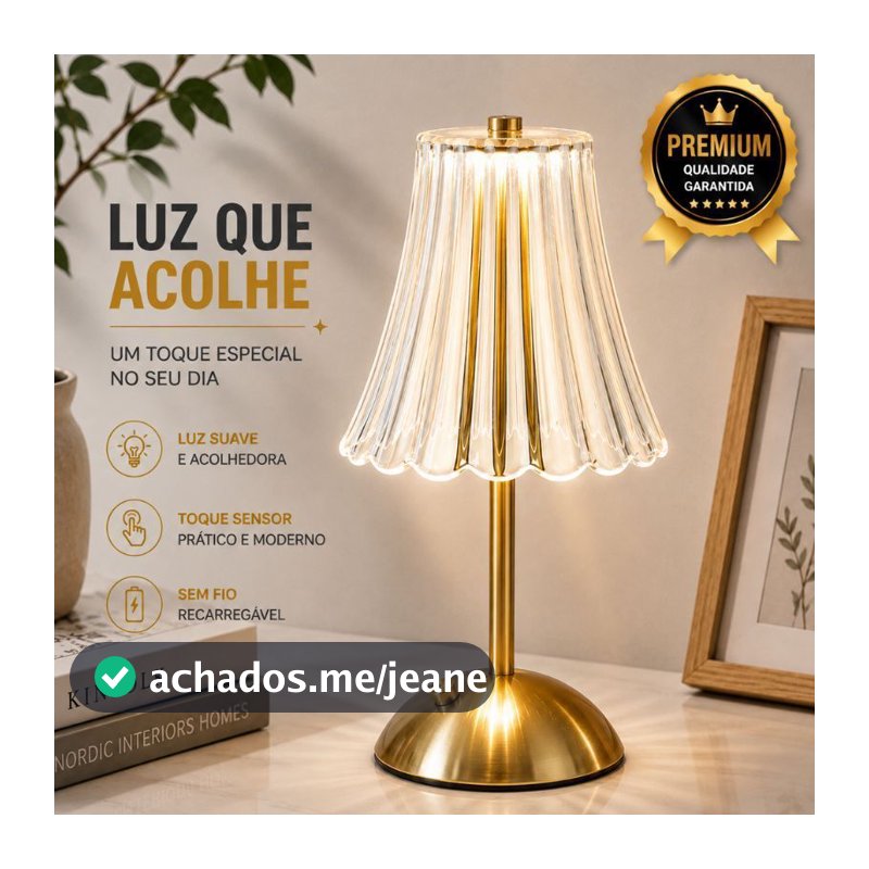 Luminária Sem Fio Recarregável LED Touch 3 Tons Abajur Dourado para Mesa Cabeceira Quarto 30cm