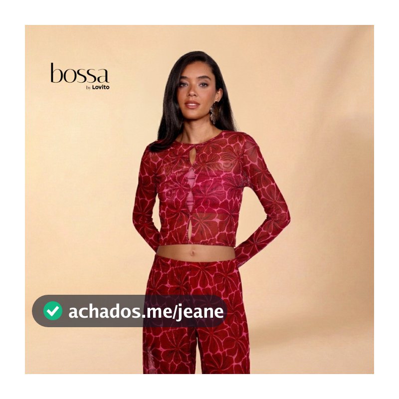 Lovito Bossa l Blusa Cropped Feminina em Tule, Estampa Floral Com Recortes Centralizados BLB15751605
