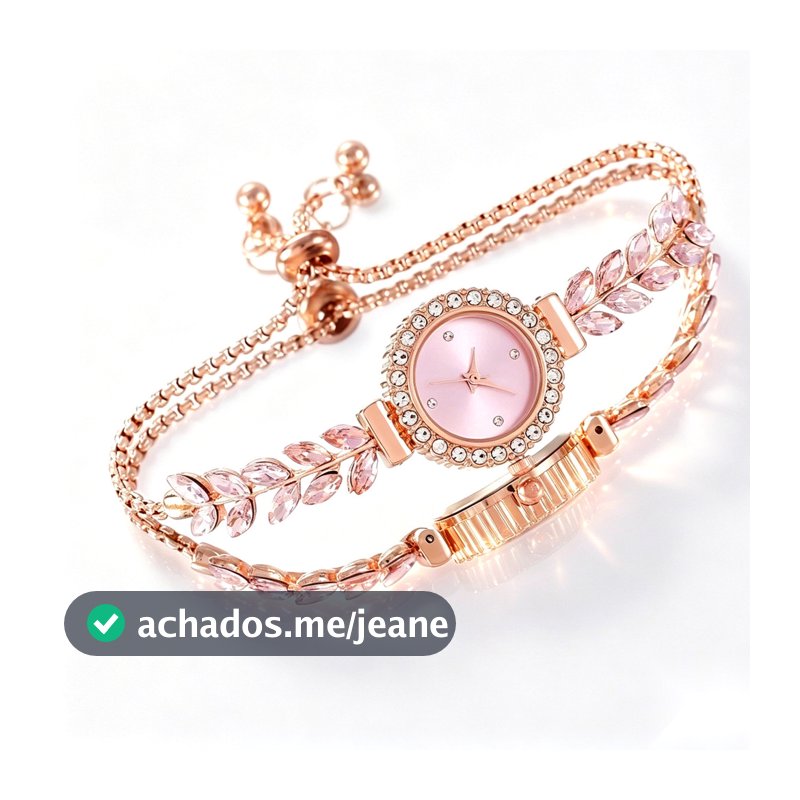 Relógio Feminino Rose Gold com Folhas de Strass Pulseira Ajustável Luxo Delicado Presente para Mulher