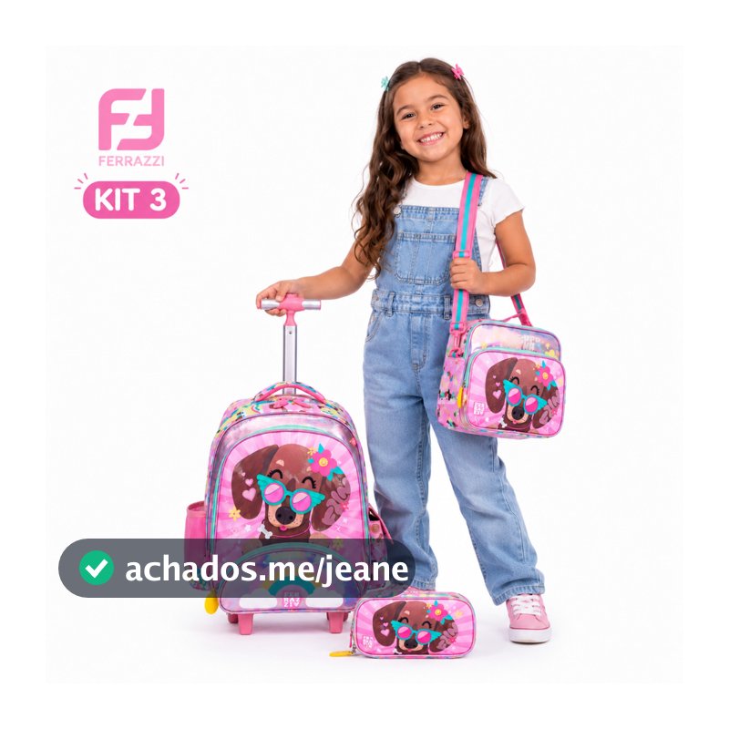 Ferrazzi Mochila Infantil de Rodinhas com Lancheira Estojo Kit Escolar Bolsa Menina Rosa