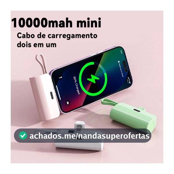 Carregador Portátil Mini Power Bank 10000mAh Com 02 Saídas Tipo-C / Lightning