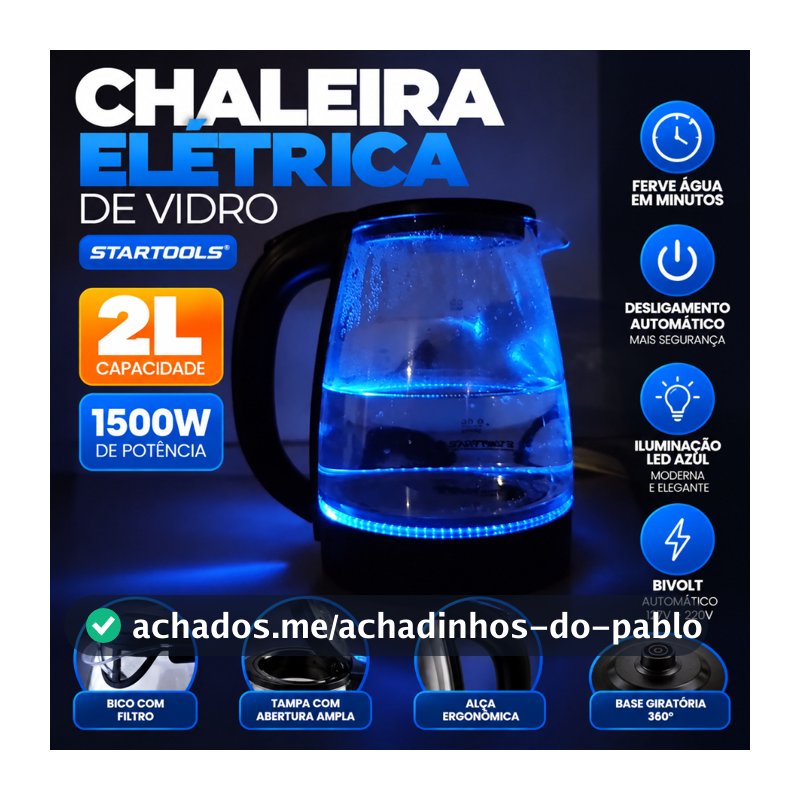 Chaleira Elétrica Vidro 2L Startools 1500W Desligamento Automático LED Manual Ferve Água Cozinha Casa