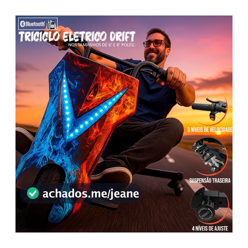 Triciclo Elétrico Drift Com Amortecedor Infantil / Adultos em Ação 25Km/h Scooter Até 70Kg Bluetooth