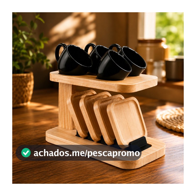 Kit 9 Peças Xícaras em Porcelana Pires Mdeira Pinus Suporte Organizador de Xícaras Café Cozinha Casa