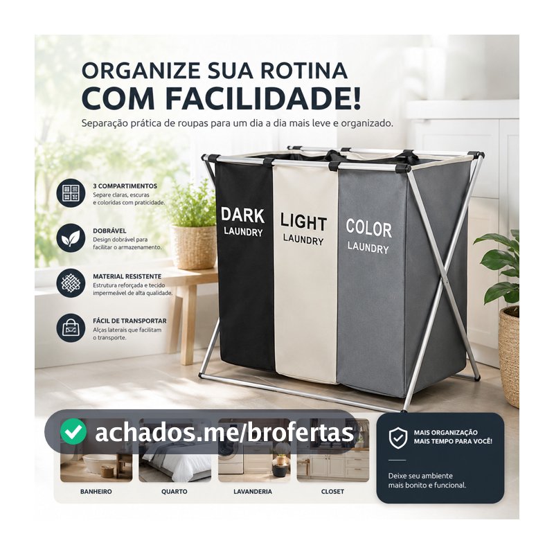 Cesto Roupa Suja cesto de roupa suja moderno Dobravel 3 Compartimentos Organizador Grande