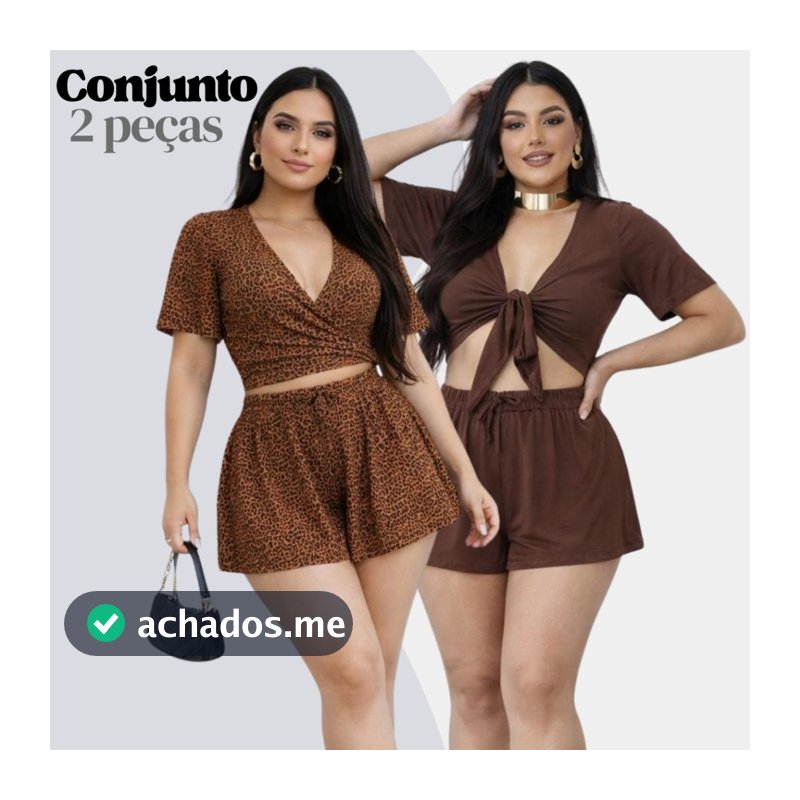 Conjunto Feminino Cropped Multiformas 3 em 1 Manga Curta e Shorts Soltinho Onça ou Preto