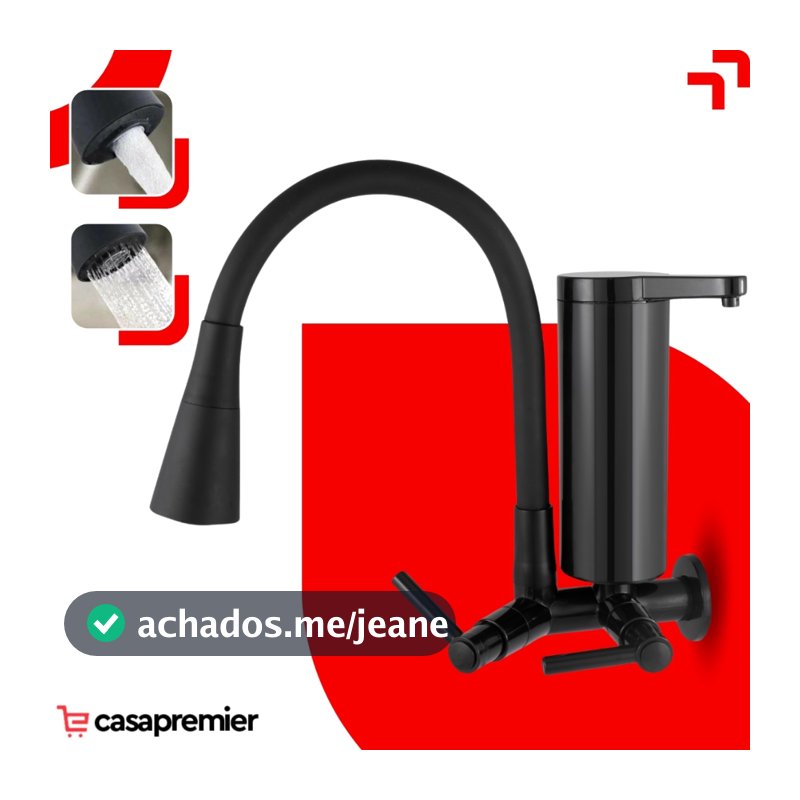 Torneira Pia Cozinha Preta Parede Com Filtro Gourmet 2 Jatos Abs