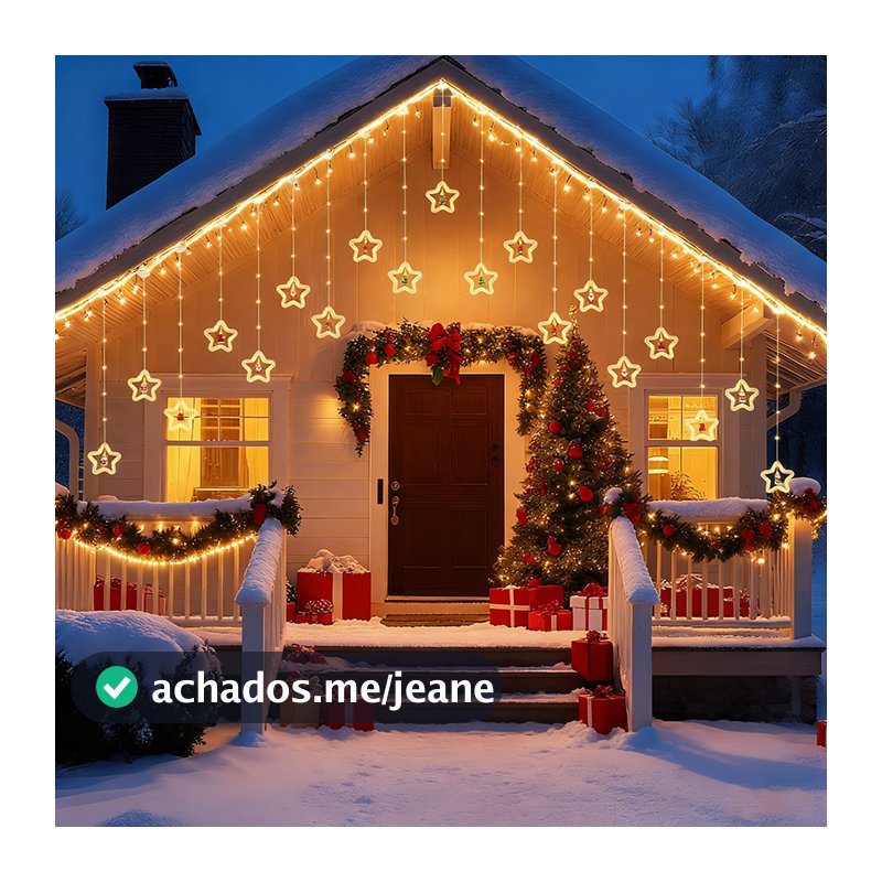 Decoração Cascata Natal Com Pisca Pisca Led Estrela Lua Papai Noel Neve Luz Branco Quente Sacada BIVOLT -O1
