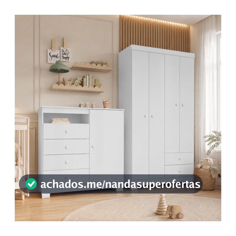 Guarda Roupa Infantil 4 Portas 2 Gavetas Com Cômoda 1 Porta 4 Gavetas Aquarela Branco Azul e Rosa  Clique Chique Móveis