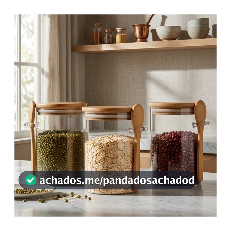 Pote/Colher de Vidro com Tampa de Bambu Grosso c/Colher 900ml Porta Temperos Saleiro