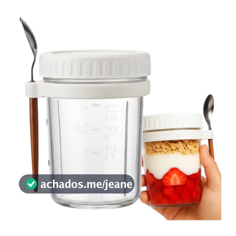 Copo Pote de Vidro 300ml com Tampa e Colher para Iogurte Frutas Saudavel Fitness Hermético