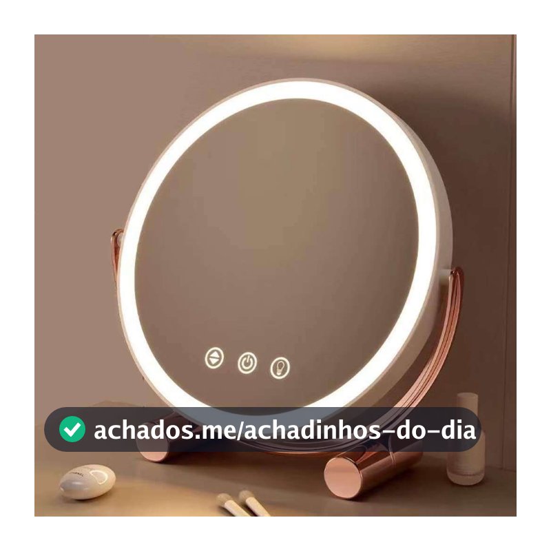 Espelho de Maquiagem com LED – Mesa Redonda, Madeira Bambu, Luz Branca, Recarga USB