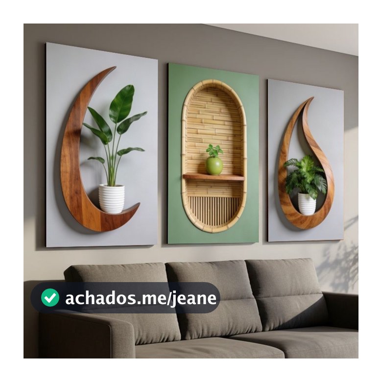 Quadro Decorativo Tríptico Madeira Natural Prateleira 3D Plantas Sala de Estar Arte Moderna Boho 3 Peças