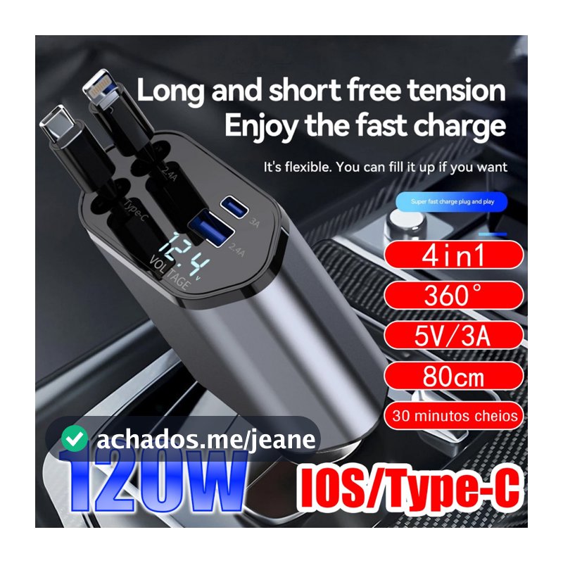 carregador de carro 120W 12V 4 Em 1 carregador veicular tipo c usb veicular carregador super turbo