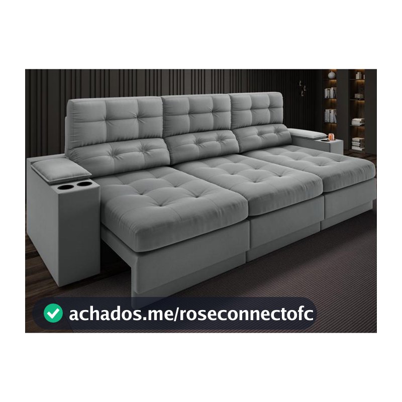 Sofá com Porta Copos e Carregador USB Eureka 2,30m Assento Retrátil e Reclinável Velosuede Grafite - NETSOFAS