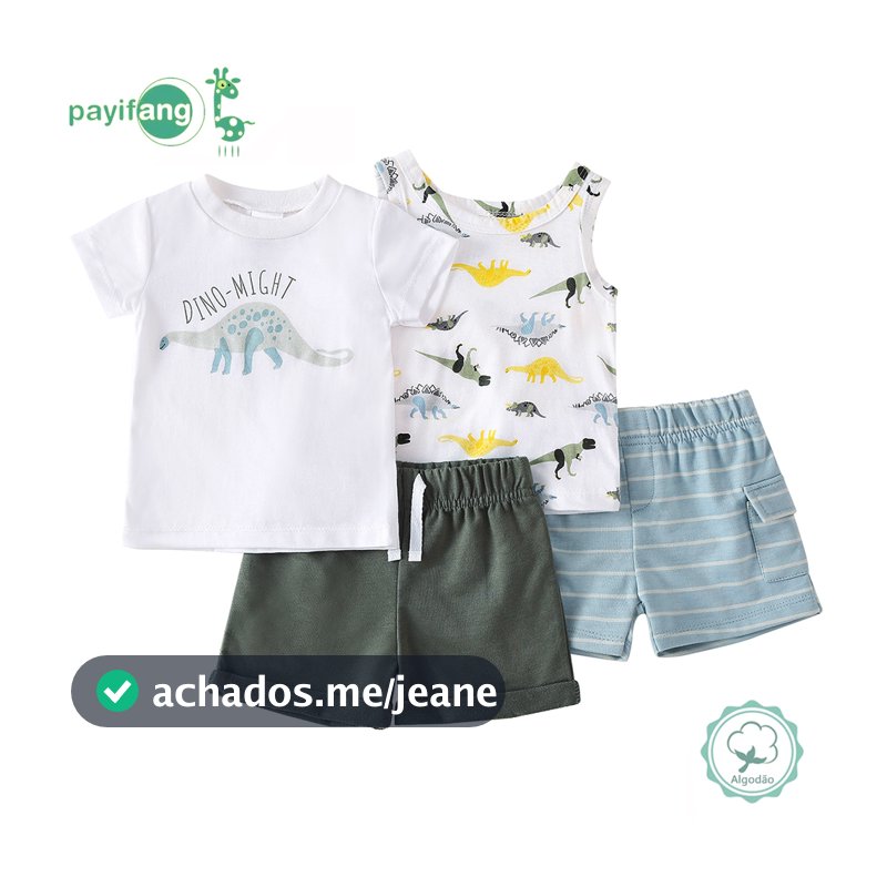 Conjunto Infantil Dinossauro Dino-Might: Camiseta Estampada + Regata com Padrão Completo + Dois Modelos de Shorts