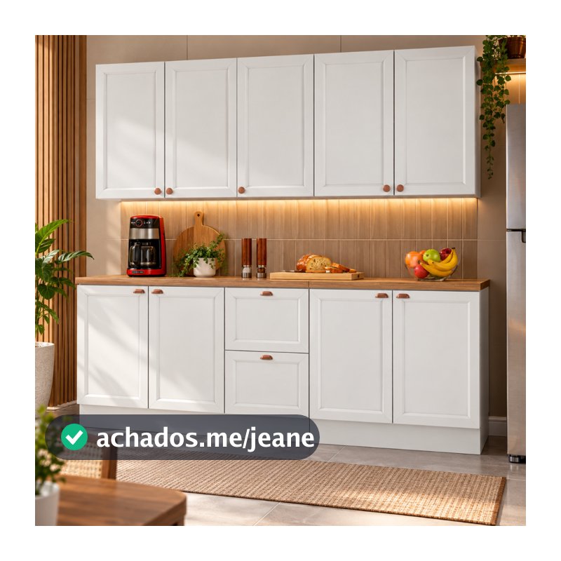 Cozinha Modulada Olivia 9 Portas 2 Gavetas 4 Peças Portas em MDF Balcões Tampo 200 cm Poliman Móveis