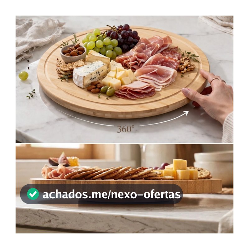 Petisqueira Giratória Bambu Tábua Frios Bandeja Petiscos Mesa Posta Café da Manhã 360 Decoração