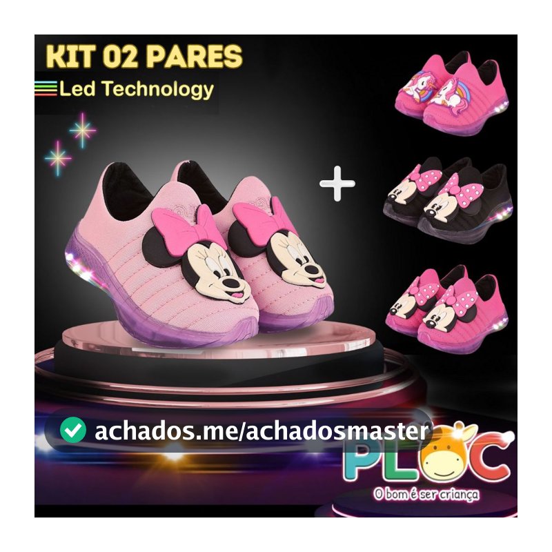 KIT 2 PARES DE TÊNIS LED INFANTIL MENINA L16 ROSA MINNIE + PAR ADICIONAL A SUA ESCOLHA