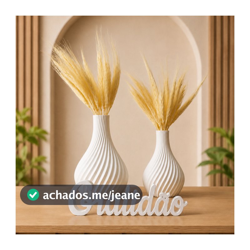 Kit 2 Vasos Branco Decorativos + Letreiro Enfeite de Plástico Sala, rack, Casa e Escritório Decoração Moderna Trigo seco